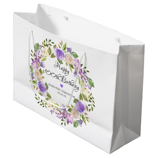 Bolsa De Regalo Grande Rosa púrpura Floral guirnalda botánica 100 cumplea (Angulo Anverso)