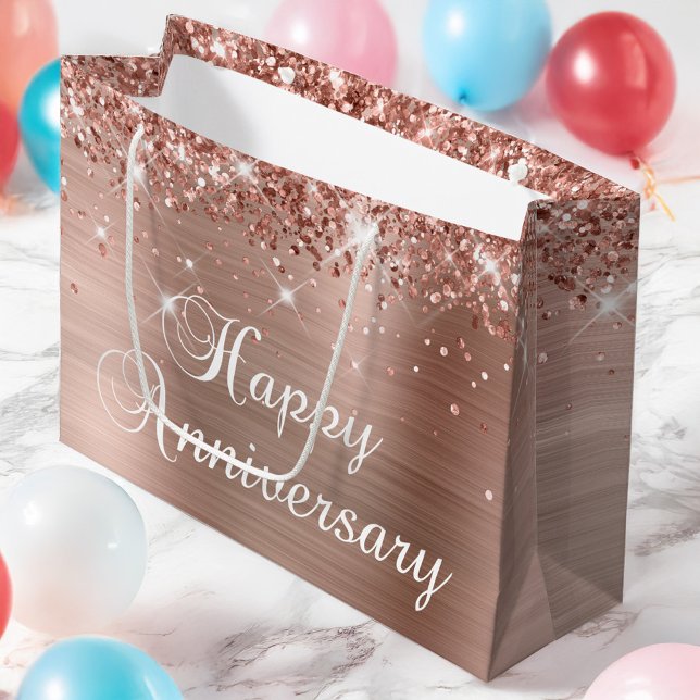 Bolsa De Regalo Grande Rosa Purpurinoso Relieve metalizado dorado Fancy H (Glittery Rose Gold Foil Fancy Happy Anniversary Large Gift Bag)