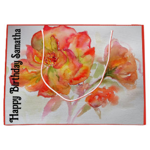 Bolsa De Regalo Grande Rosa Roja Naranja Flor Acuarela Cumpleaños de Muje