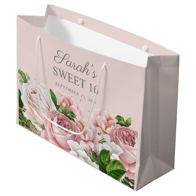 Bolsa De Regalo Grande Rosa rosa Purpurina Plata Floral dulce 16 (Angulo Anverso)