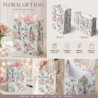 Bolsa De Regalo Grande Rosa y peonía floral suave en acuarela