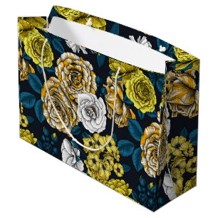 Bolsa De Regalo Grande Rosas amarillos, blancos y bicolor con hojas azule
