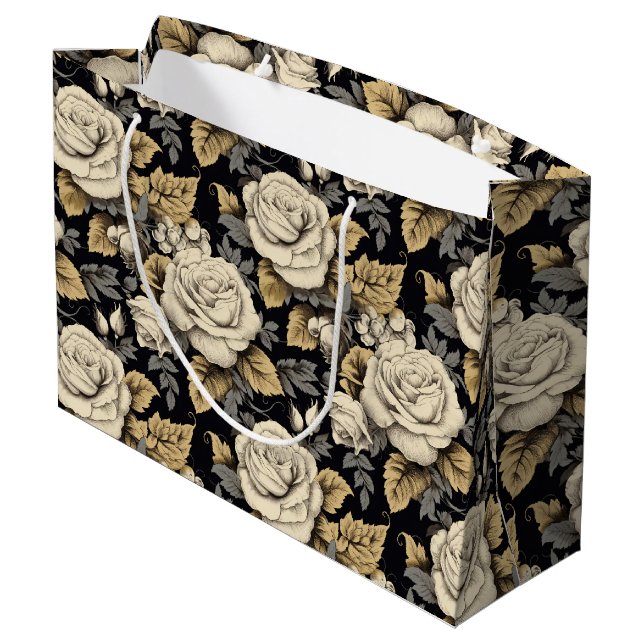 Bolsa De Regalo Grande Rosas Blancas Y Oro Deja Patrón Floral (Angulo reverso)