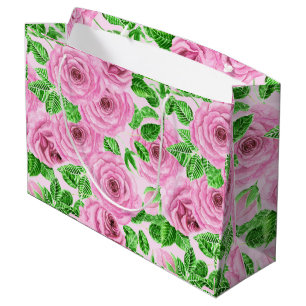 Bolsa De Regalo Grande Rosas de acuarela rosa con patrón de hojas y brote