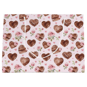 Bolsa De Regalo Grande Rosas Marrones Rosadas Corazones Florales Despedid