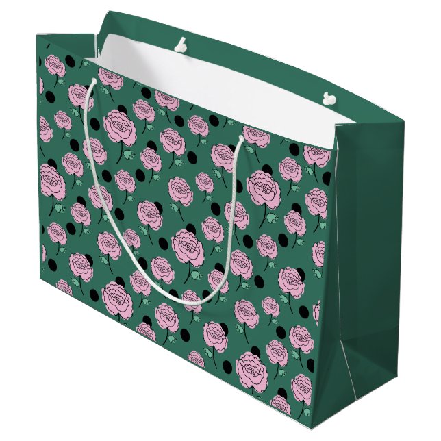 Bolsa De Regalo Grande Rosas y puntos sobre el verde oscuro. (Angulo reverso)