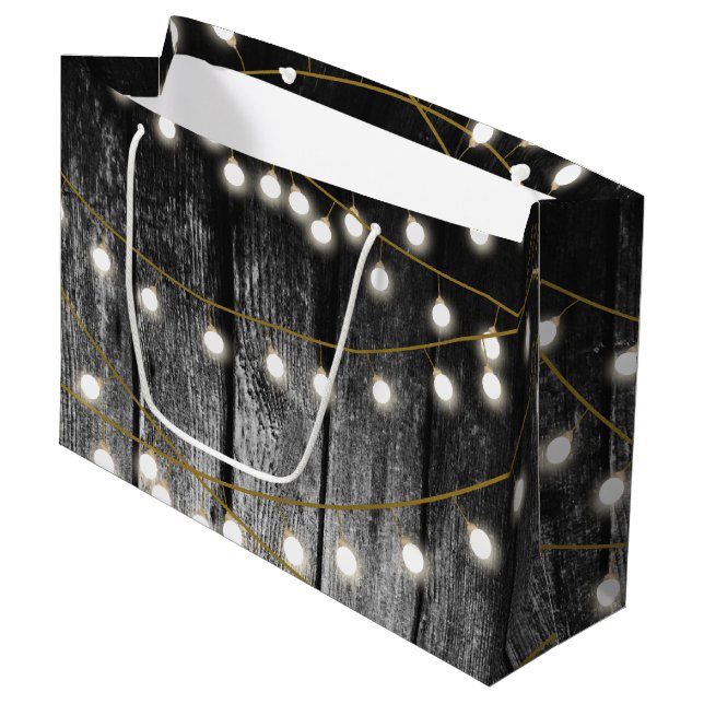 Bolsa De Regalo Grande Rustic Barn Black Wood Gold String Luces (Angulo Anverso)