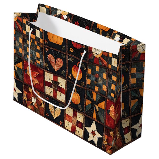 Bolsa De Regalo Grande Rústico Patchwork | Patrón de tallo otoñal de arte (Angulo Anverso)