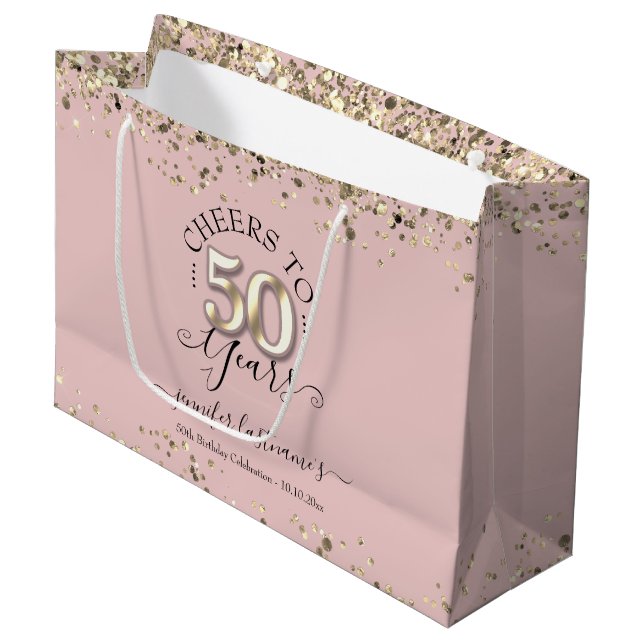 Bolsa De Regalo Grande Saludos a Purpurina de Oro de 50 años (Angulo Anverso)