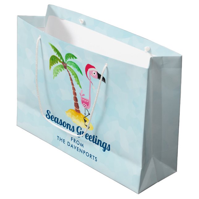 Bolsa De Regalo Grande Saludos de temporada Flamingo rosa en Santa Hat (Angulo Anverso)