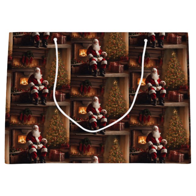 Bolsa De Regalo Grande Santa Cláusula con árbol de Navidad y chimenea (Anverso)