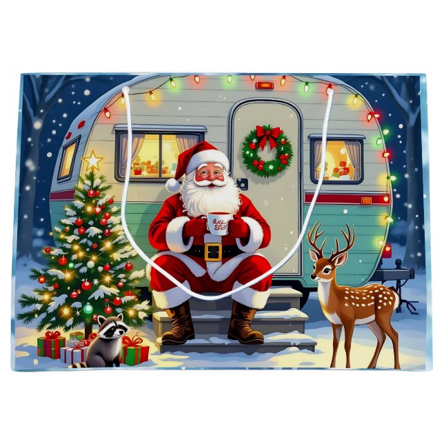 Bolsa De Regalo Grande Santa Drinking Hot Cocoa outside his RV Christmas (Anverso)