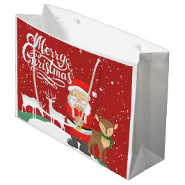 Bolsa De Regalo Grande Santa en la nieve con renos Guión rojo