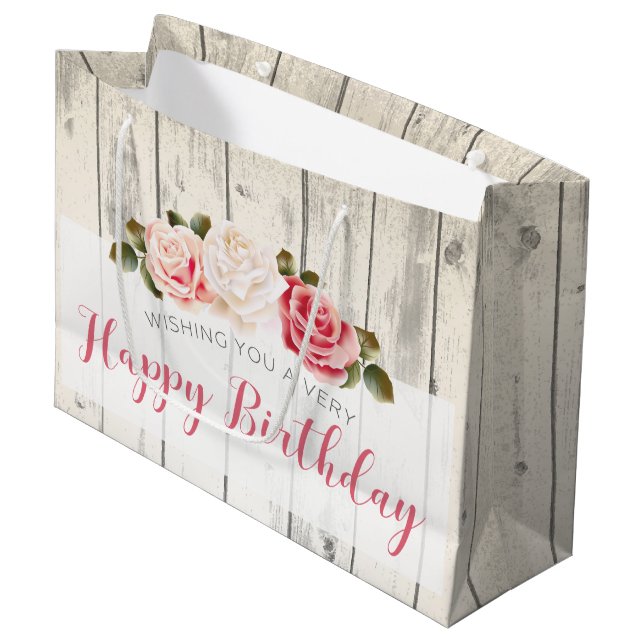 Bolsa De Regalo Grande Shabby Chic Rosas Rustic Wood Feliz cumpleaños (Angulo Anverso)