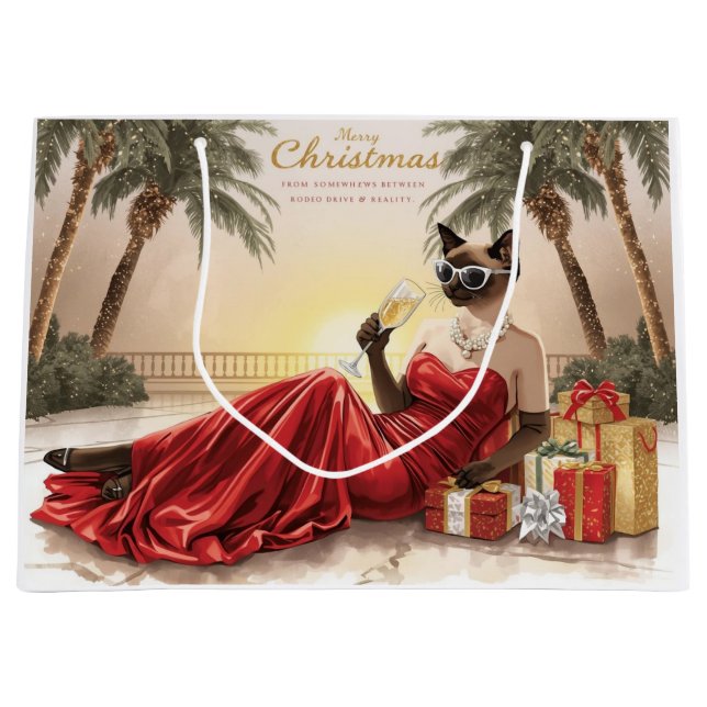 Bolsa De Regalo Grande Siamese Cat Glam Christmas  Sipping Champagne 