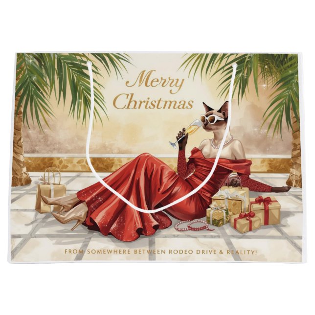 Bolsa De Regalo Grande Siamese Cat Glam Christmas  Sipping Champagne  (Anverso)