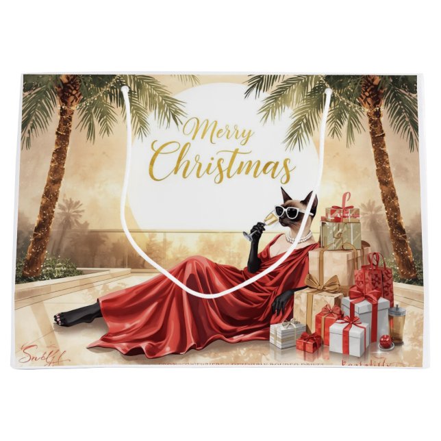 Bolsa De Regalo Grande Siamese Cat Glam Christmas  Sipping Champagne  (Anverso)