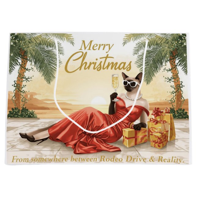 Bolsa De Regalo Grande Siamese Cat Glam Christmas  Sipping Champagne  (Anverso)