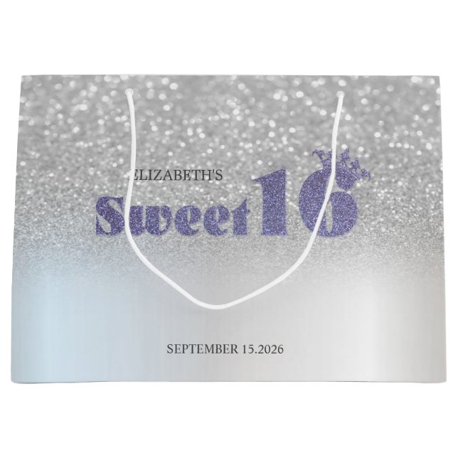 Bolsa De Regalo Grande Silver Glitter Bokeh Sweet 16 Crown (Anverso)