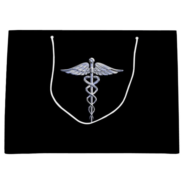 Bolsa De Regalo Grande Símbolo médico del caduceo de plata en negro (Anverso)