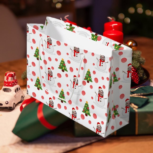 Bolsa De Regalo Grande Snowman divertido con foto Personalizado cara rojo (Fun Snowman With Custom Photo Face White Green Red Large Gift Bag)