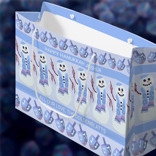 Bolsa De Regalo Grande Snowman Dreidels Divertido Hanukkah Azul Y Blanco (Two text templates let you personalize these Happy Hanukkah gift bags just the way you want)