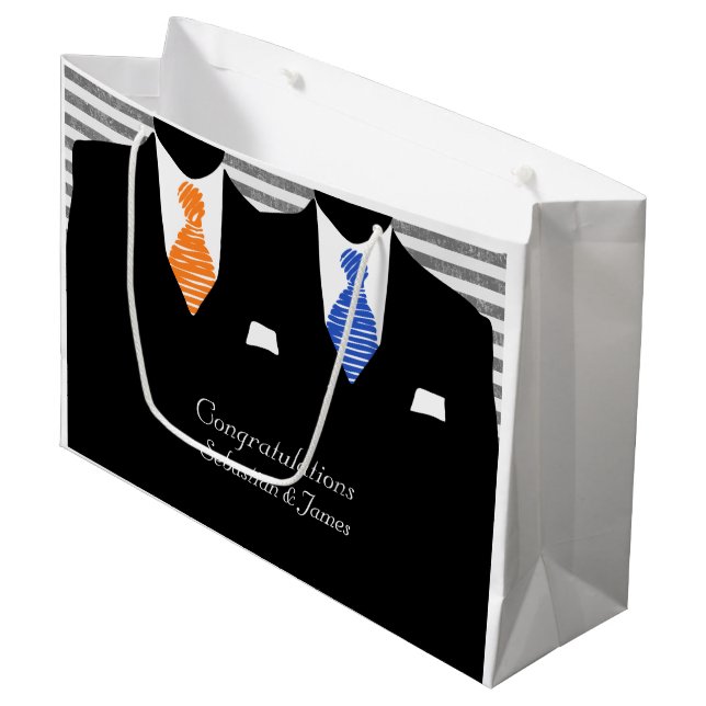Bolsa De Regalo Grande Sr. y Sr. Suits Naranja Azul Boda Personalizado (Angulo Anverso)