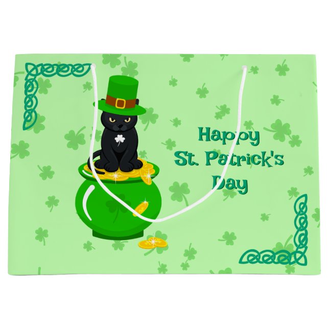 Bolsa De Regalo Grande St. Patrick's Day Shamrock Pot of Gold Black Cat (Anverso)