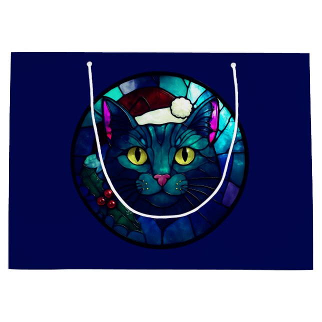 Bolsa De Regalo Grande Stained-Glass Christmas Black Cat In Red Hat (Anverso)