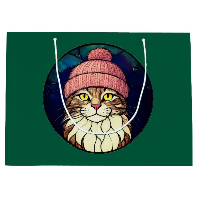 Bolsa De Regalo Grande Stained-Glass Christmas Tabby Cat In Pink Cap (Anverso)
