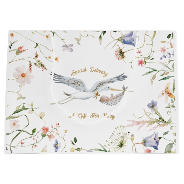 Bolsa De Regalo Grande Stork Wildflower Ribbon Baby Shower (Anverso)