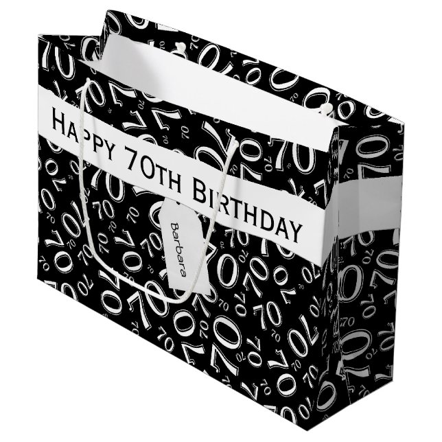 Bolsa De Regalo Grande Su texto: 70 cumpleaños número blanco/negro 70 (Angulo Anverso)