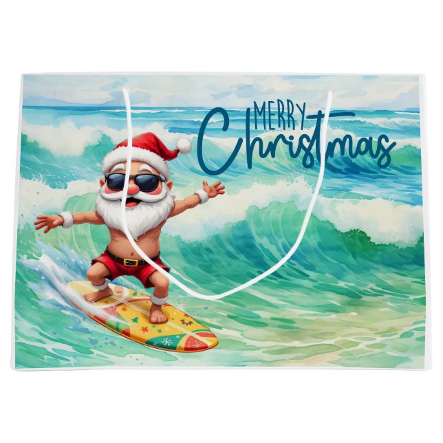 Bolsa De Regalo Grande Surfing Santa is on big wave in Hawaii  (Anverso)