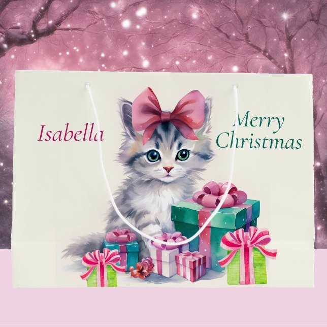 Bolsa De Regalo Grande Sweet Christmas Kitten Big Pink Bow Add Name (Subido por el creador)