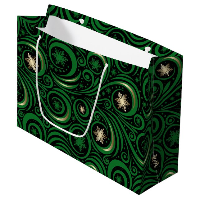 Bolsa De Regalo Grande Swirls y Snowflakes Green y Gold (Angulo Anverso)