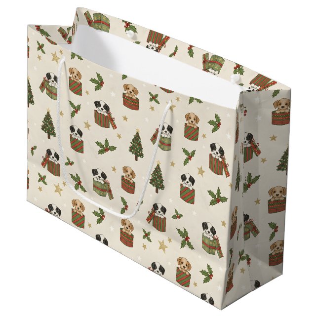 Bolsa De Regalo Grande Tan and Black & White Puppies Christmas Pattern (Angulo Anverso)