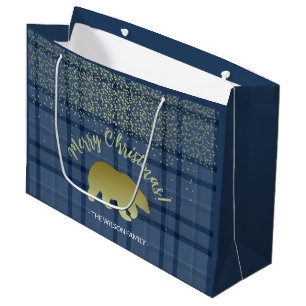 Bolsa De Regalo Grande Tartan azul occidental y oso dorado