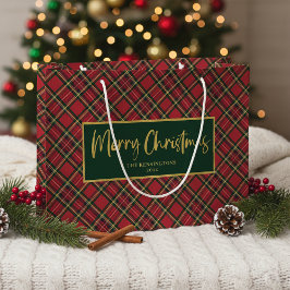 Bolsa De Regalo Grande Tartán Plantar Guión Dorado Feliz Navidad