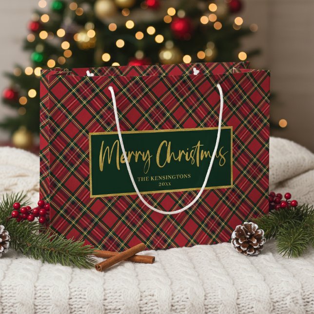 Bolsa De Regalo Grande Tartán Plantar Guión Dorado Feliz Navidad (Tartan Plaid Gold Script Merry Christmas Large Gift Bag)