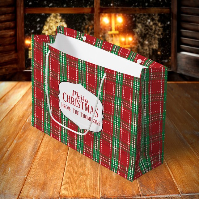 Bolsa De Regalo Grande Tartán Rústico Rojo Patrón de Planta Vacaciones de (Merry Christmas red and green plaid pattern large gift bag)