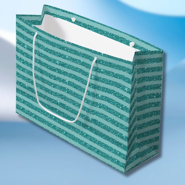 Bolsa De Regalo Grande Teal Green Glitter Style Horizontal Stripes (Subido por el creador)
