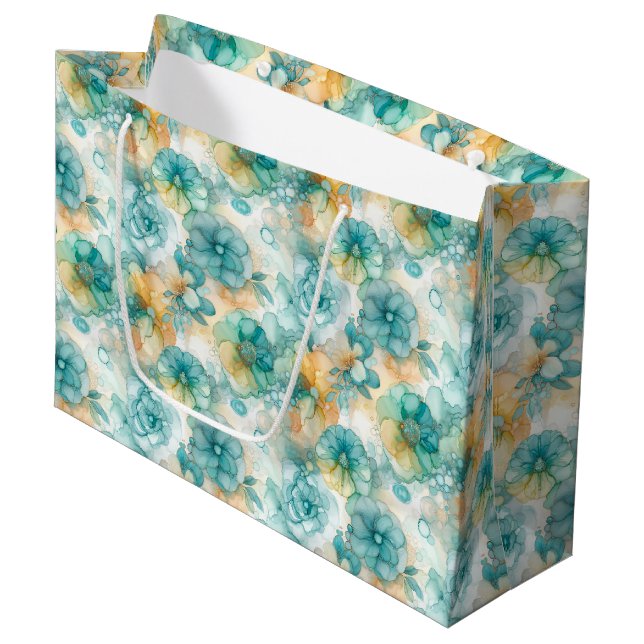 Bolsa De Regalo Grande Teal Yellow Floral Alcohol Ink Style Pattern (Angulo Anverso)