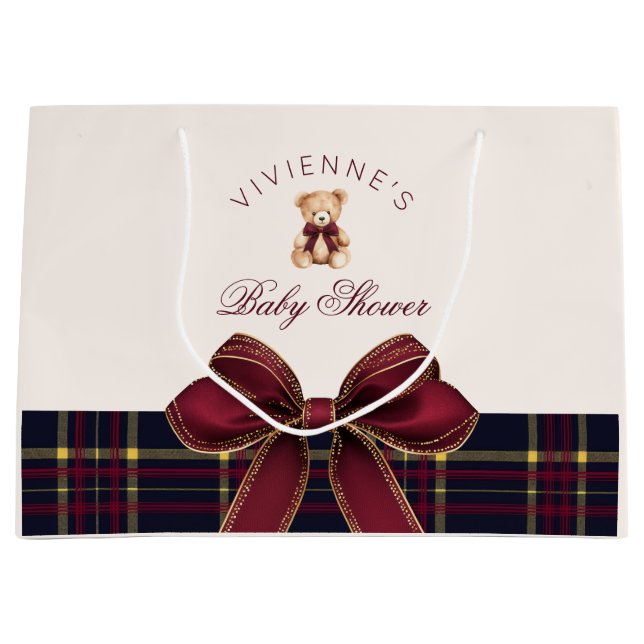 Bolsa De Regalo Grande Teddy Bear Red Gold Bow Plaid Baby Shower (Anverso)