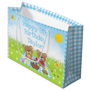 Bolsa De Regalo Grande Teddy Bears Picnic Blue Gingham Happy Birday