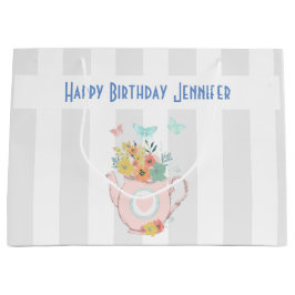 Bolsa De Regalo Grande Tetera rosa con flores y mariposas Cumpleaños