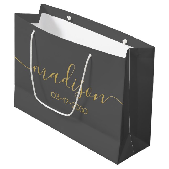 Bolsa De Regalo Grande Texto de nombre personalizado femenino dorado gris (Angulo Anverso)
