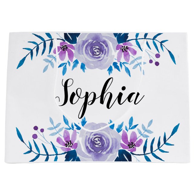 Bolsa De Regalo Grande Texto floral púrpura azul del personalizado de la (Anverso)