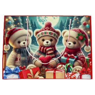 Bolsa De Regalo Grande Three Cute Teddy Bears Merry Christmas