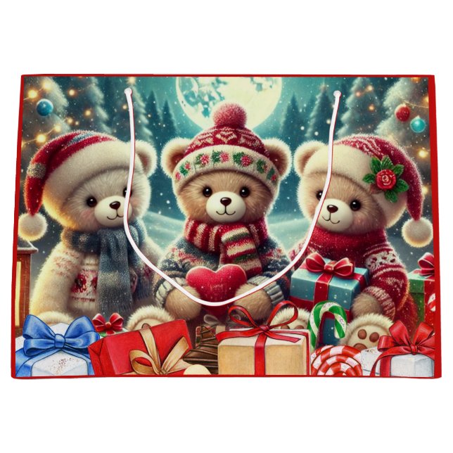 Bolsa De Regalo Grande Three Cute Teddy Bears Merry Christmas (Anverso)