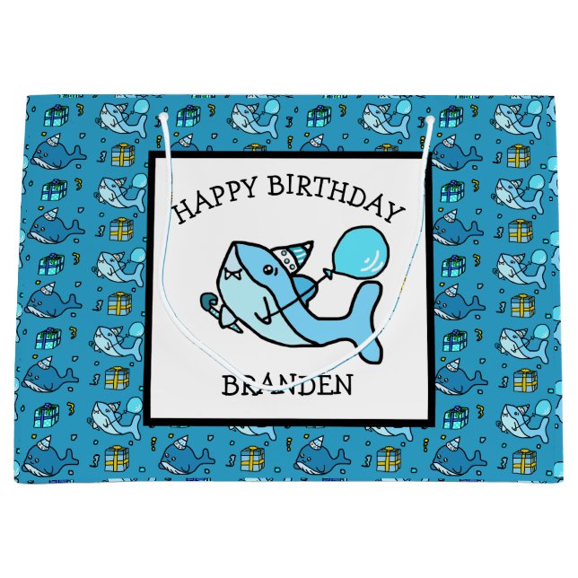 Bolsa De Regalo Grande Tiburón bebé azul feliz cumpleaños personalizado (Anverso)